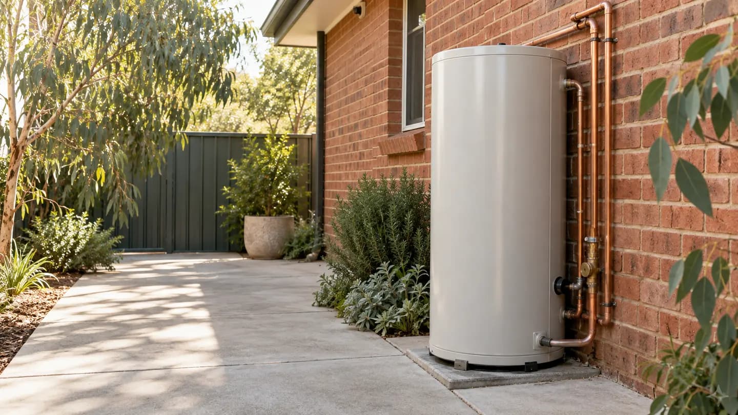 Illustrative hot-water cylinder in the courtyard of an Adelaide-style brick home